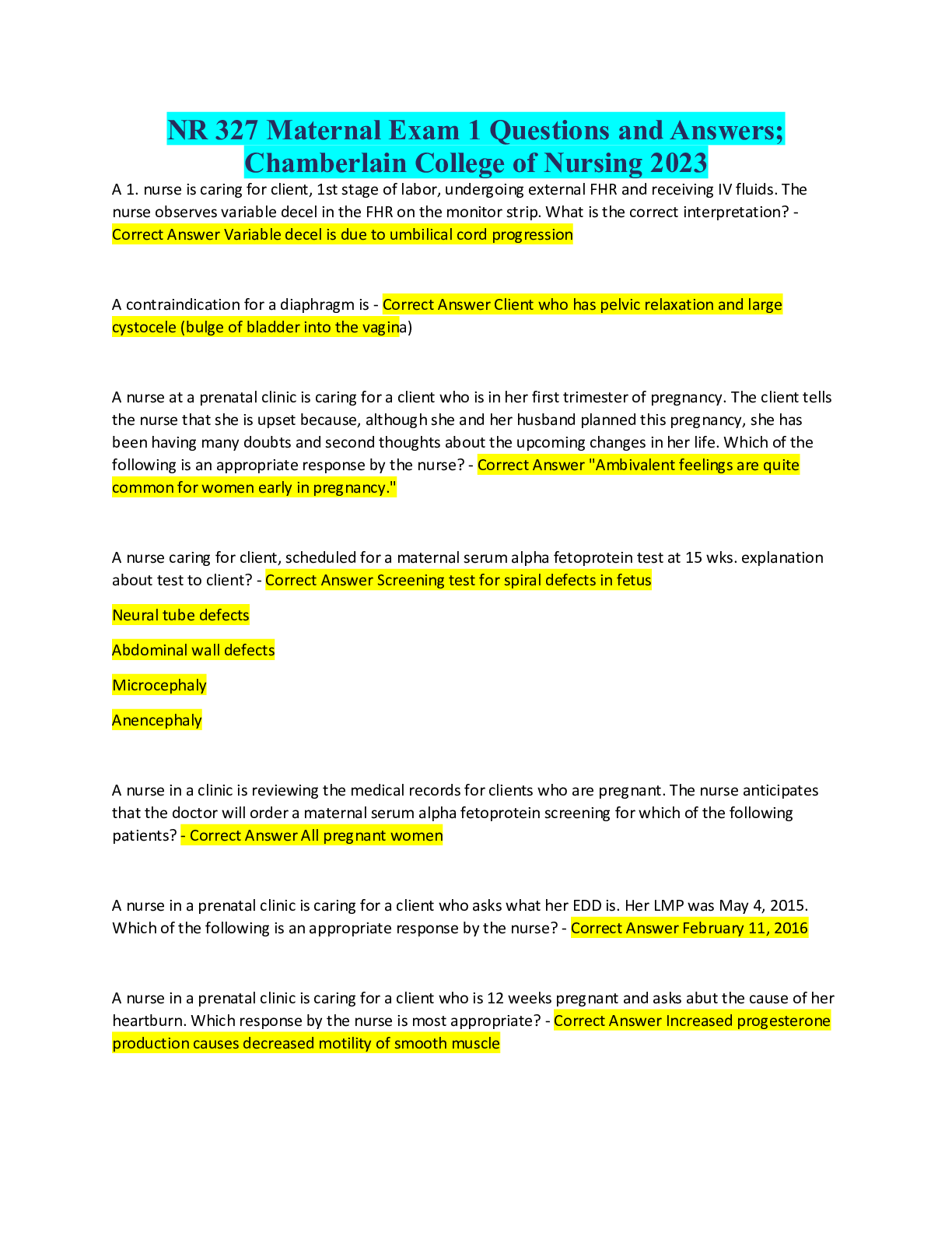 NR 327 Maternal Exam 1 Questions and Answers | Chamberlain College of Nursing